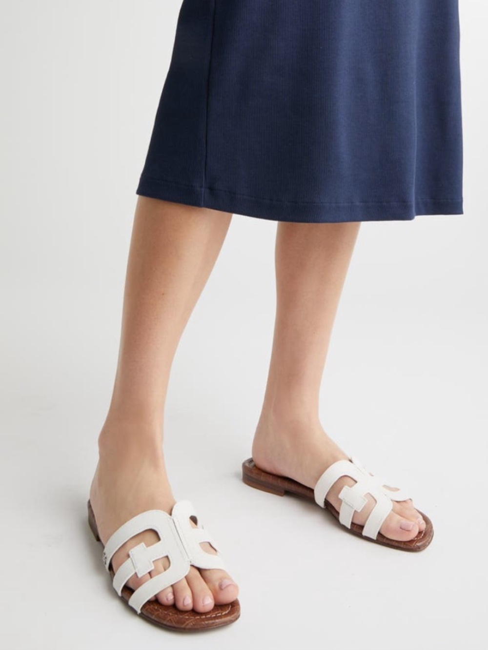 Sam Edelman White Leather Cutout Slide Sandals with Brown Footbed
